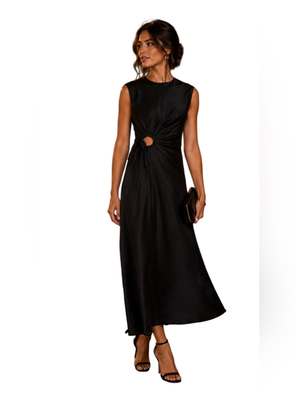 House of Harlow Elegant Black Sleeveless Maxi Satin Slip Dress with Front Twist